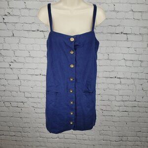 J.CREW Navy Claudia 100% Linen Gold Buttoned Pockets Lined Strappy Mini Dress XS